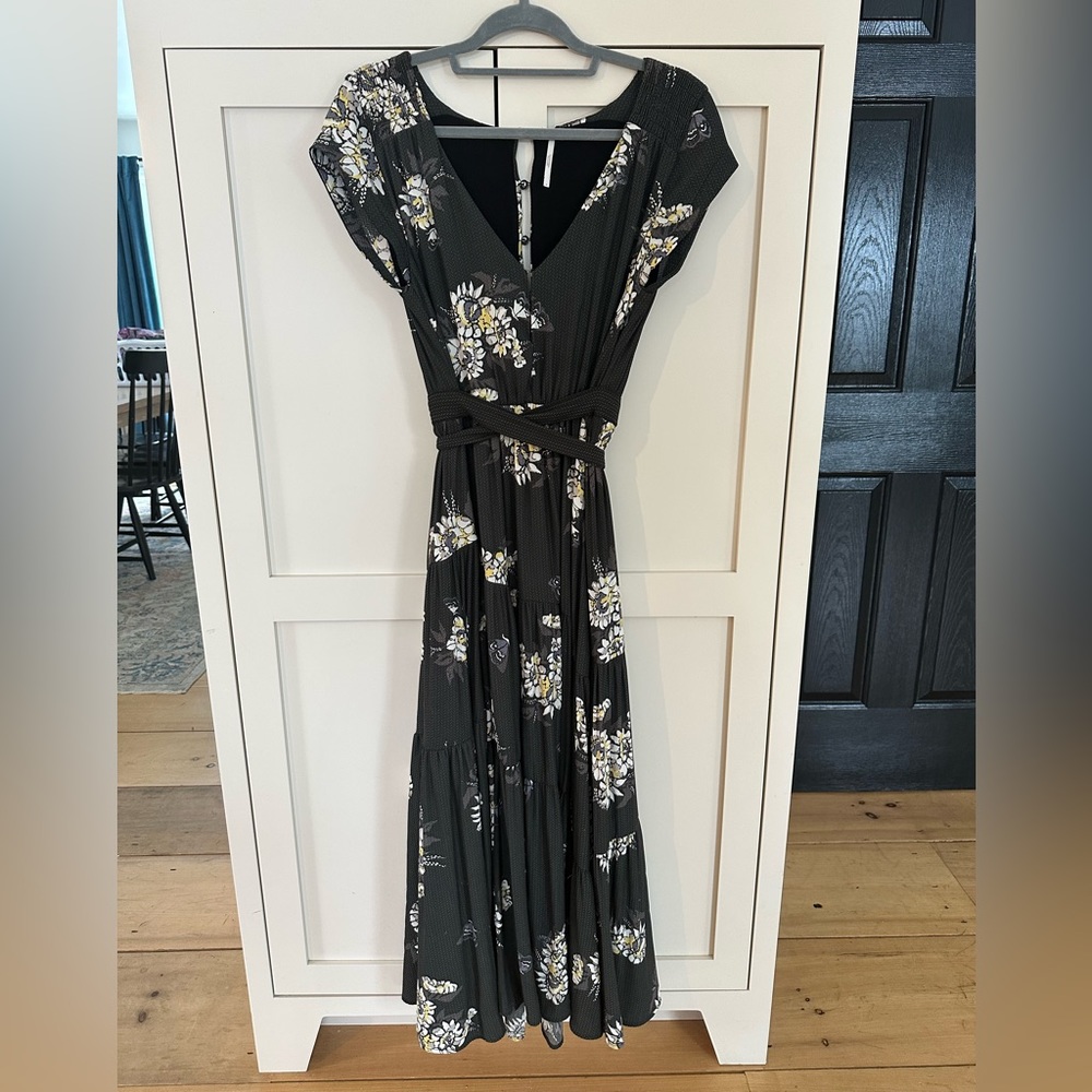 Free People All I Got Maxi Dress. Black with Yellow, White, + Grey Florals, Sz 8